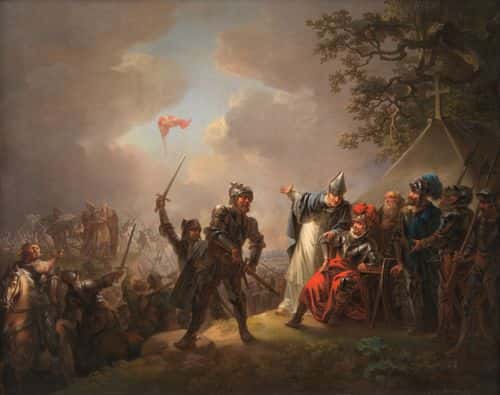 Dannebrog falder ned fra himlen den 15. juni 1219 under slaget ved Lyndanise. Det skaffede Valdemar Sejr sejren i et korstog mod esterne.