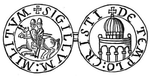 Sort-hvid gengivelse af tempelriddernes middelalderlige segl. Til venstre ses to riddere på én hest. Til højre ses en kuppelformet bygning, der symboliserer tempelområdet i Jerusalem.