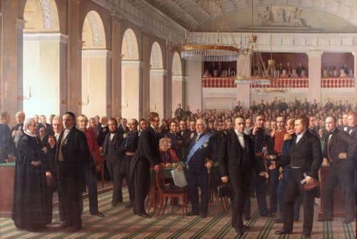 Maleri af den grundlovgivende rigsforsamling samlet på Christiansborg i 1848 under arbejdet med Danmarks første demokratiske grundlov.
