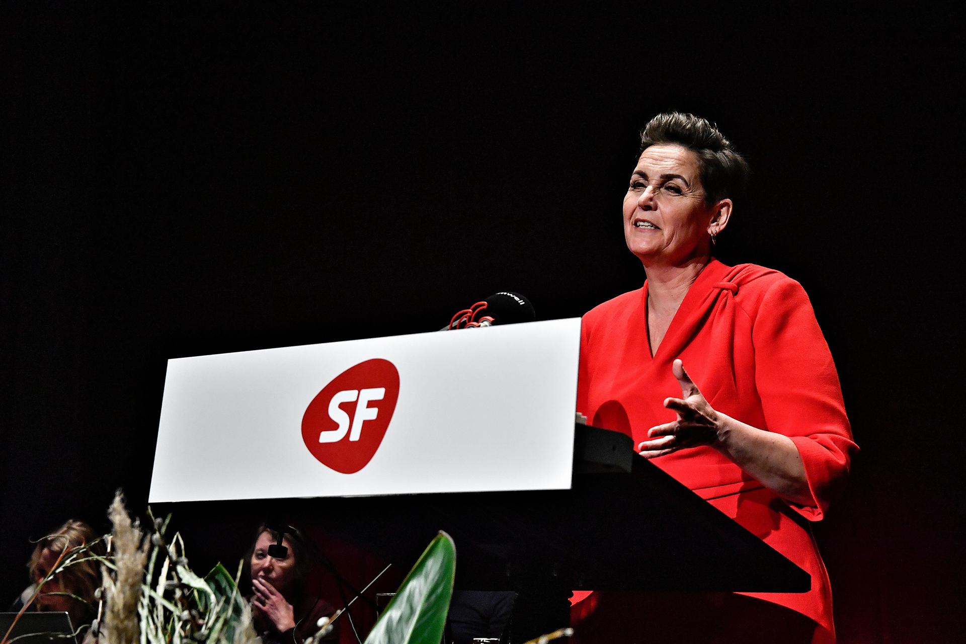 SFs partiformand Pia Olsen Dyhr holder tale i forbindelse med partiets landsmøde i Kolding, marts 2024.