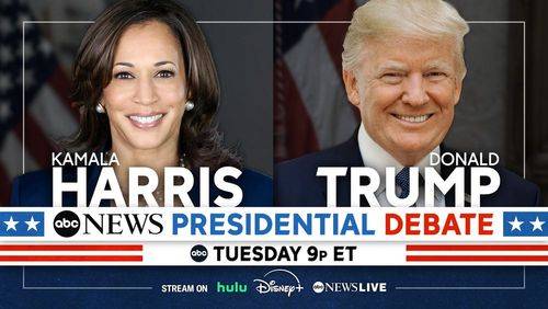 Fotocollage der reklamerer for TV-debat mellem Kamala Harris og Donald Trump