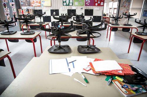 Tomt klasselokale på skole i Svendborg i marts 2020.