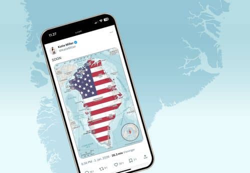 Mobiltelefon med billede af Grønland som amerikansk flag