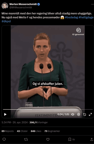 Skærmbillede af et opslag på X fra Morten Messerschmidt med en video af statsministeren ved en talerstol. På videoen står der “Og vi afskaffer julen”, og den er markeret som “AI-genereret”.