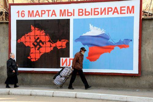 Pro-russisk valgplakat op til den omstridte og ulovlige folkeafstemning i 2014 om, hvorvidt befolkningen på Krim ønskede at blive en del af Rusland.