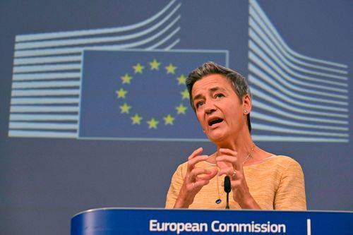 Tidligere EU-kommisær Margrete Vestager ved pressekonference i Bruxelles.