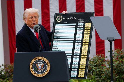 Donald Trump med skilt med toldsatser under pressermøde i Wahsington.