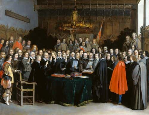 Maleri fra 1648 af den hollandske maler Gerard ter Borch, som viser fredsslutningen i Münster.