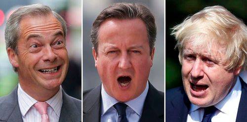 Nigel Farage, David Cameron og Boris Johnson
