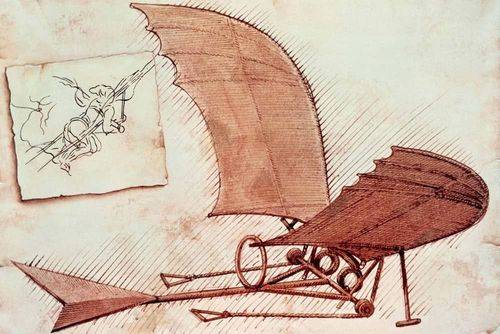 Skitse til flyvemaskine tegnet af Leonardo da Vinci i omkring år 1500.
