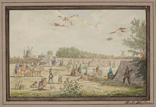 Tegning af baraklejren på Vester Vold under koleraepidemien 1853.