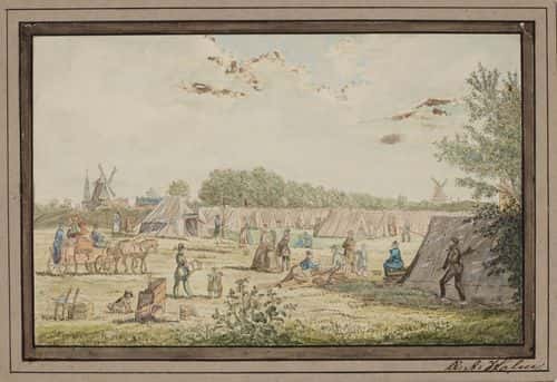 Tegning af baraklejren på Vester Vold under koleraepidemien 1853.