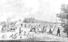 Historisk tegning. Da koleraepidemien i 1853 i København var på sit højeste, søgte mange fattige familier tilflugt i teltlejre på Amager.
