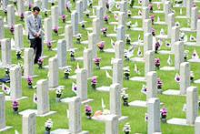 Lee Jae-Myung, 35, viser sin respekt ved en gravplads for de døde under Koreakrigen i 1950. Seoul, den 6. juni 2011.