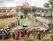 Sultanen af Det osmanniske Rige, 1789-1807, tager imod ved en religiøs højtidelighed i Topkapi Paladset. Samtidigt maleri.