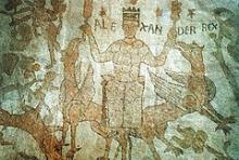 Alexander den Store flyver til vejrs på ryggen af to griffer, lokket af de to leverstykker den snu konge holder i hænderne.